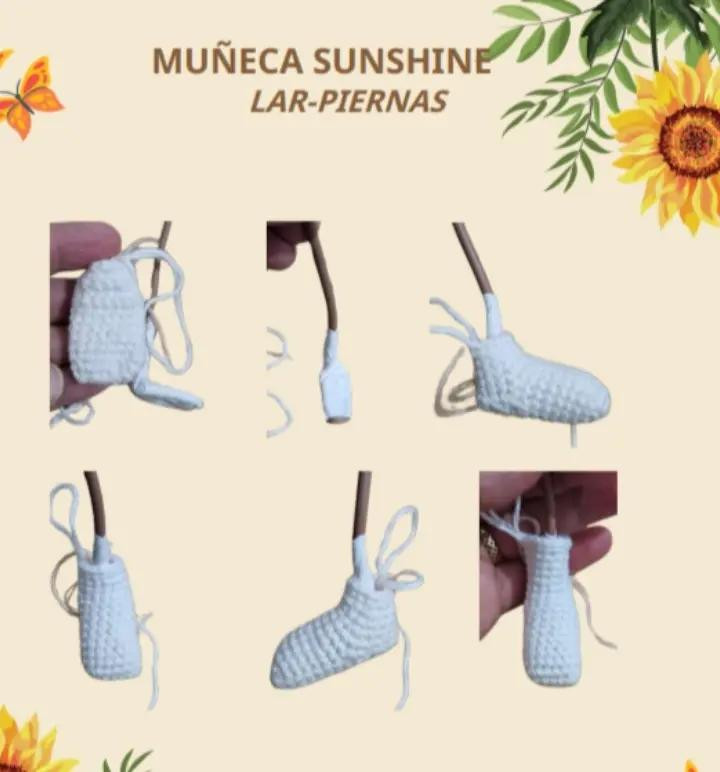 Muñeca de crochet con vestido blanco adornado con girasoles amarillos