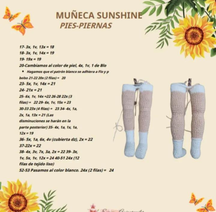 Muñeca de crochet con vestido blanco adornado con girasoles amarillos