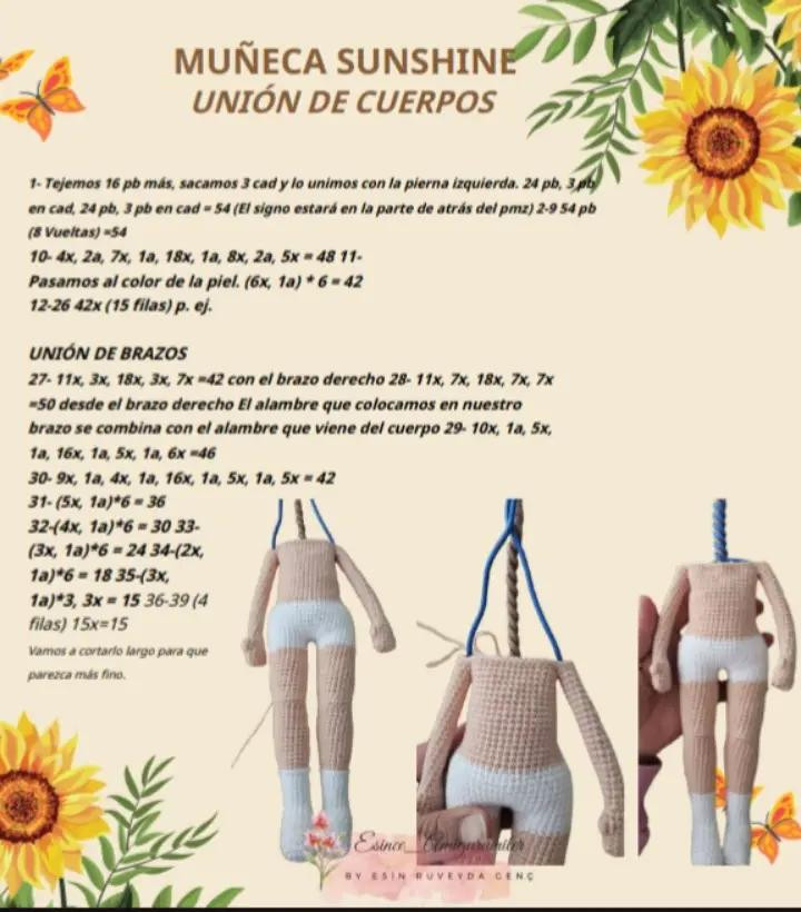 Muñeca de crochet con vestido blanco adornado con girasoles amarillos