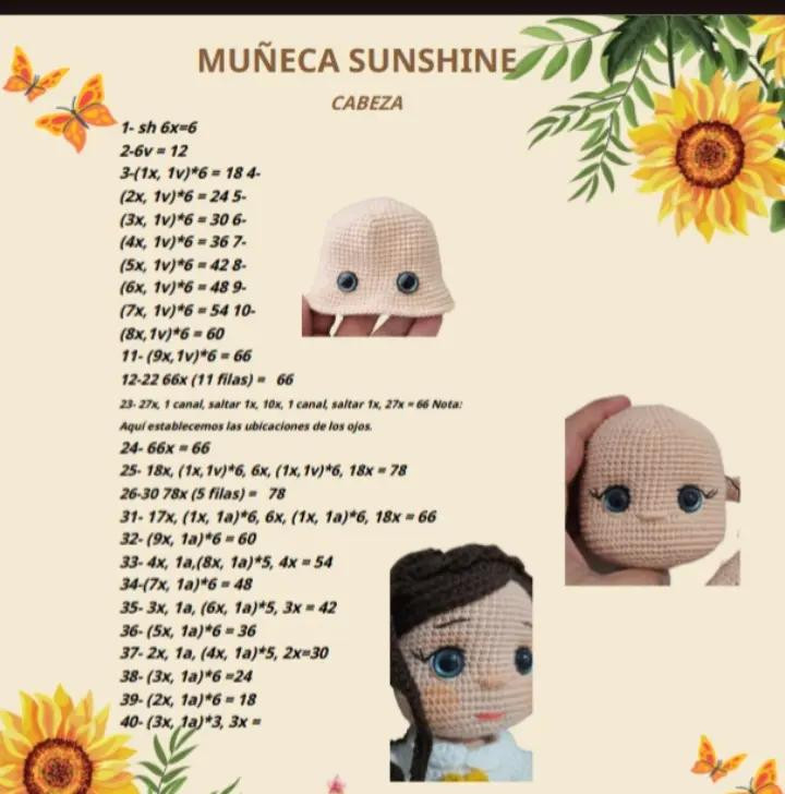 Muñeca de crochet con vestido blanco adornado con girasoles amarillos