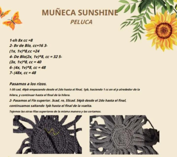 Muñeca de crochet con vestido blanco adornado con girasoles amarillos