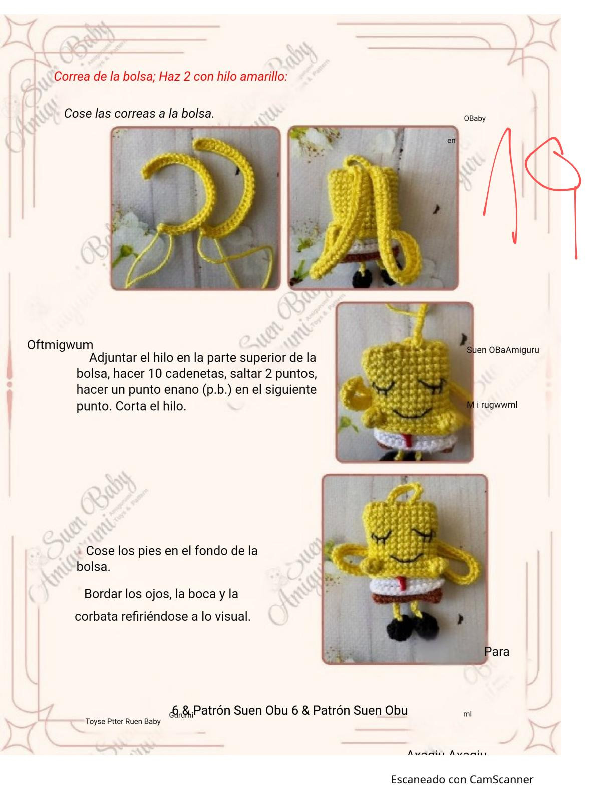 Muñeca de ganchillo con vestido de SpongeBob y bolso a juego