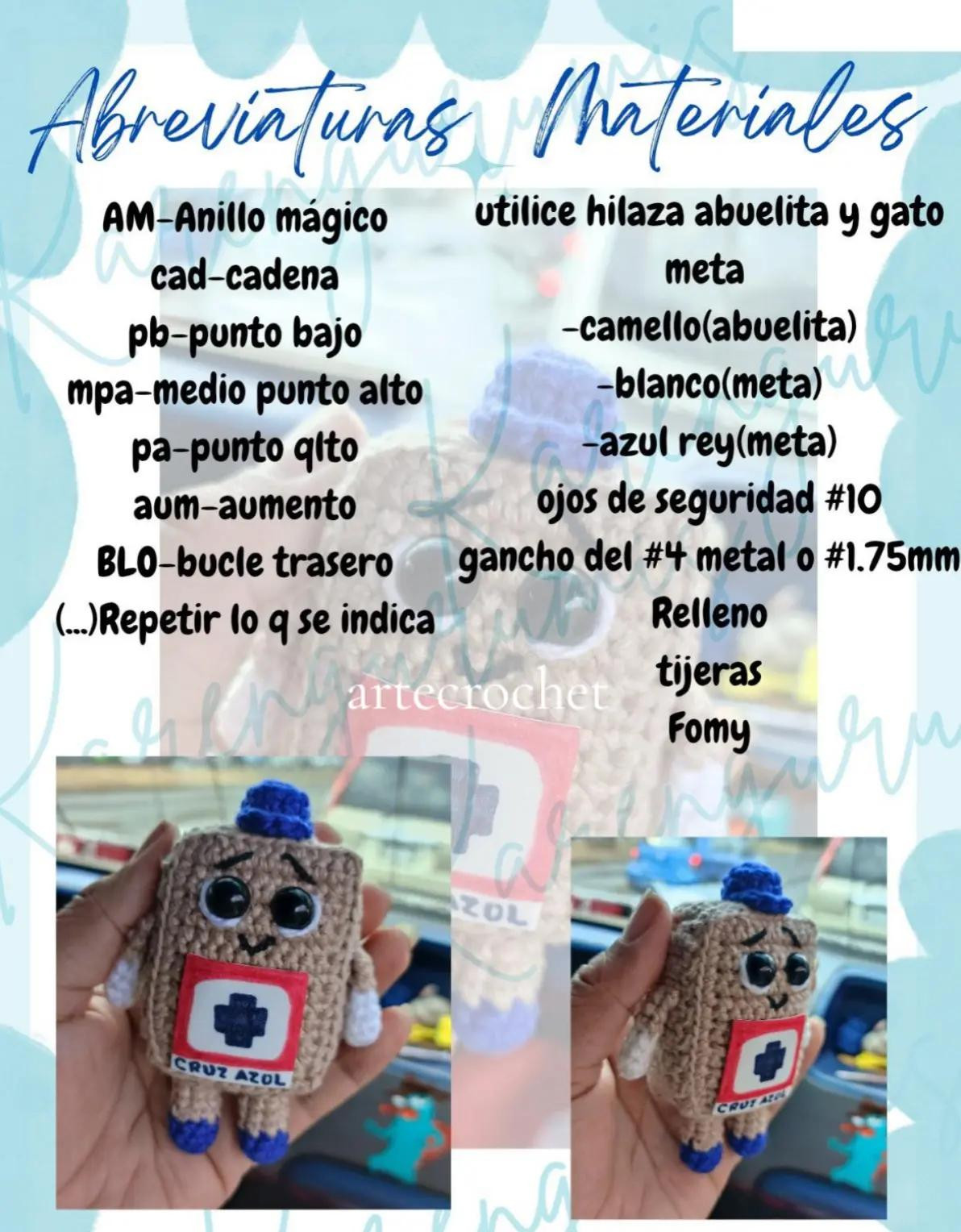 Muñeco tejido a crochet con diseño de botiquín azul y blanco