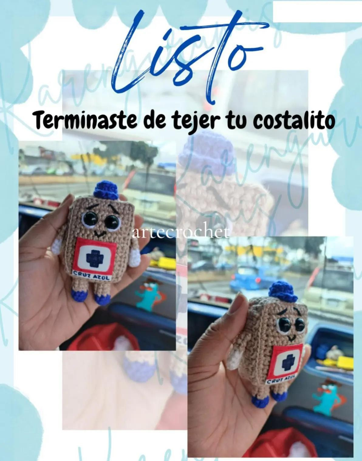 Muñeco tejido a crochet con diseño de botiquín azul y blanco