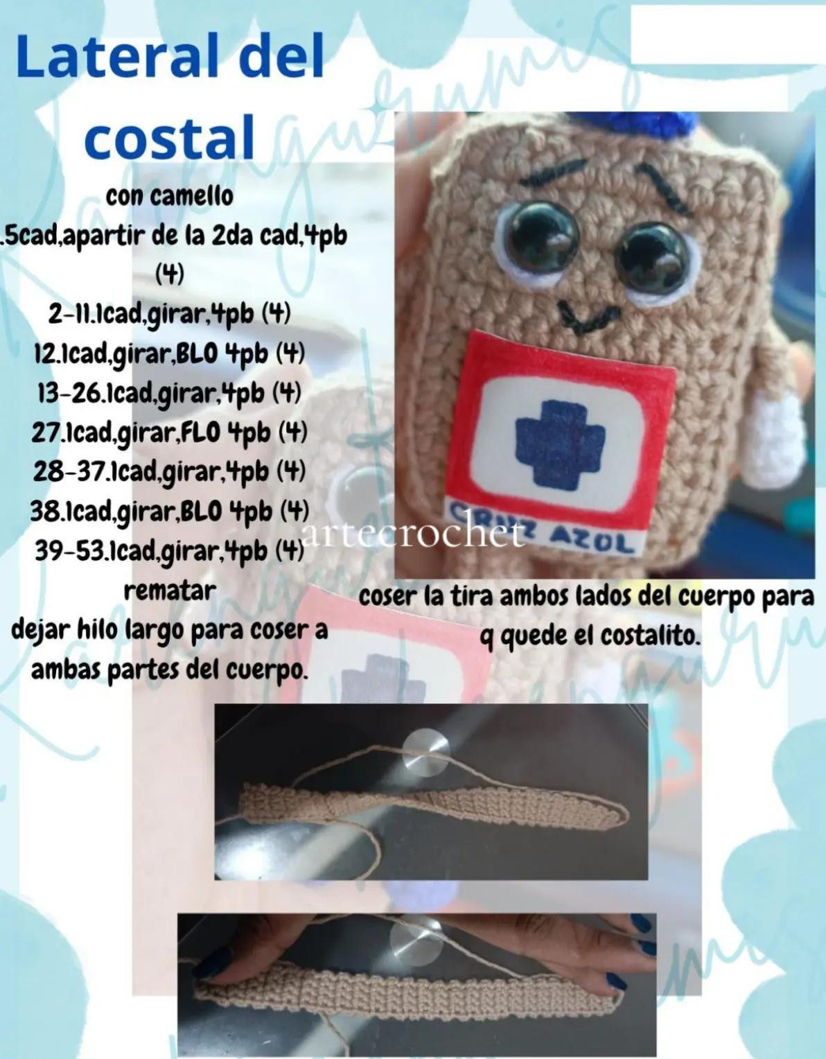 Muñeco tejido a crochet con diseño de botiquín azul y blanco