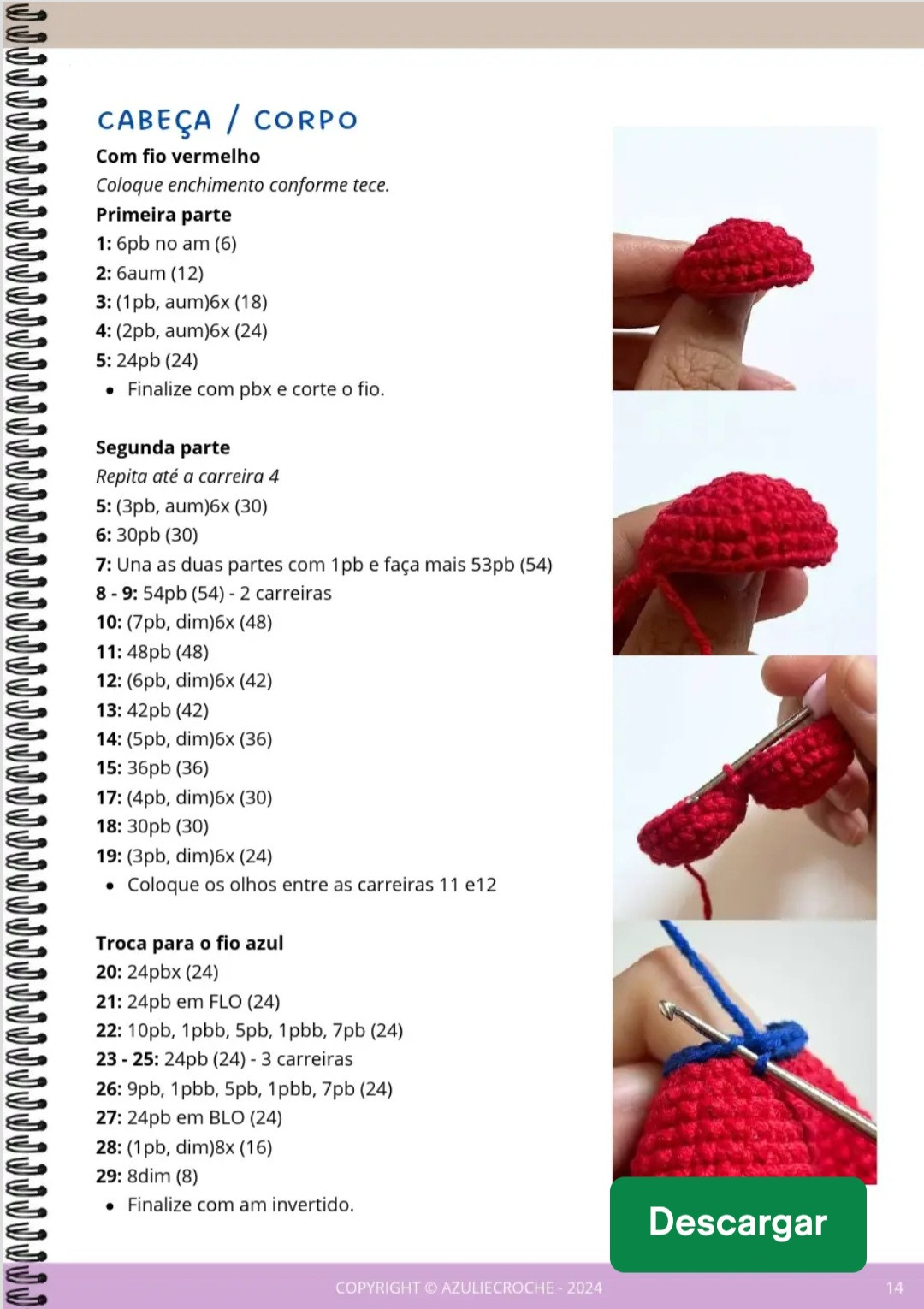 Padrão de Crochê Amigurumi: Coração Vermelho com Detalhes Coloridos
