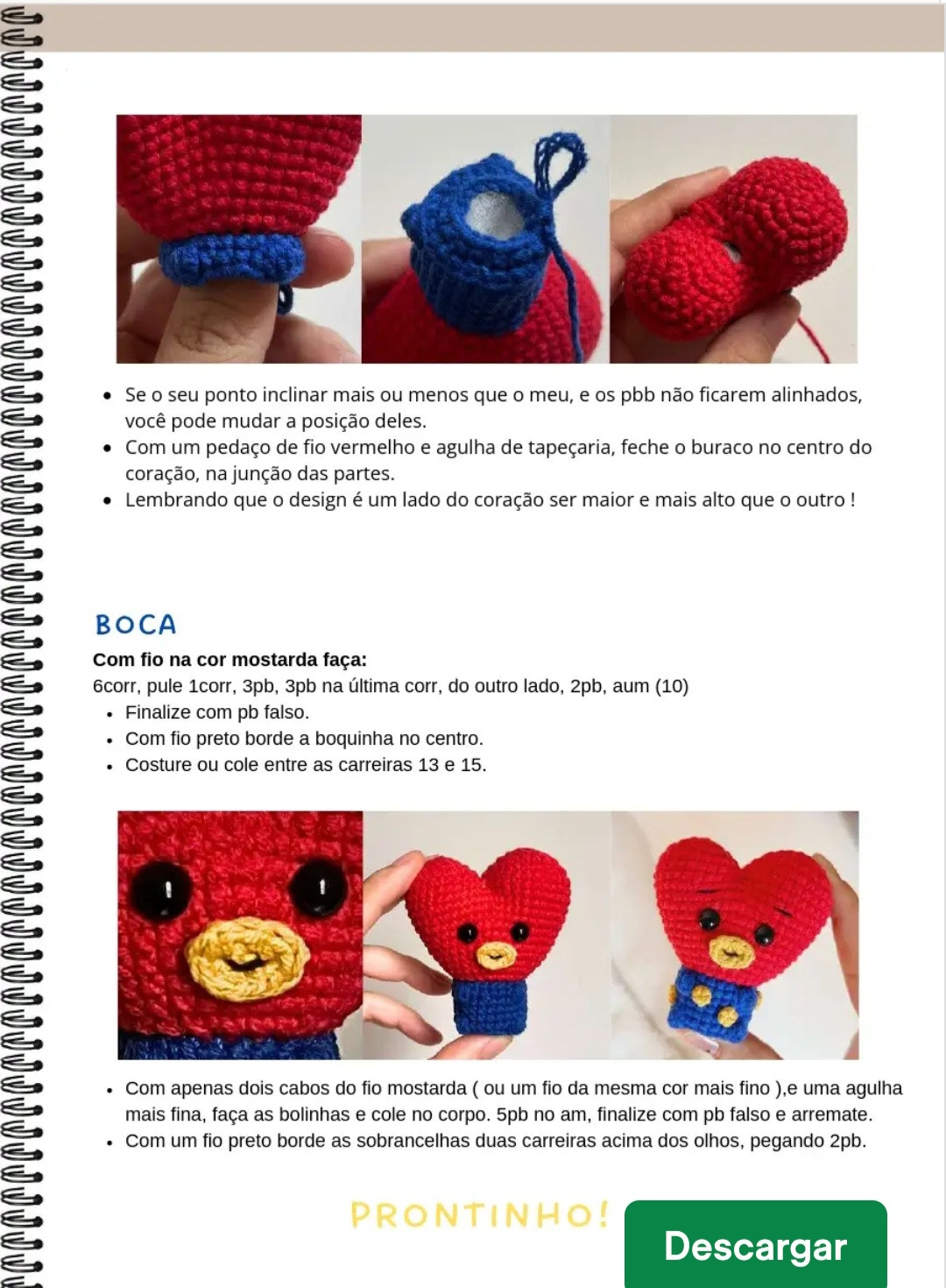 Padrão de Crochê Amigurumi: Coração Vermelho com Detalhes Coloridos