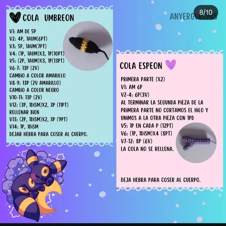 Patrón de Amigurumi: Crea tus propios Umbreon y Espeon con crochet.