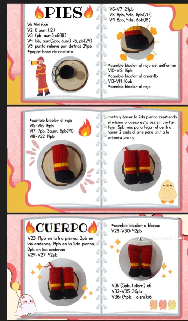 Patrón de amigurumi de bombero de 18 cm con instrucciones detalladas.