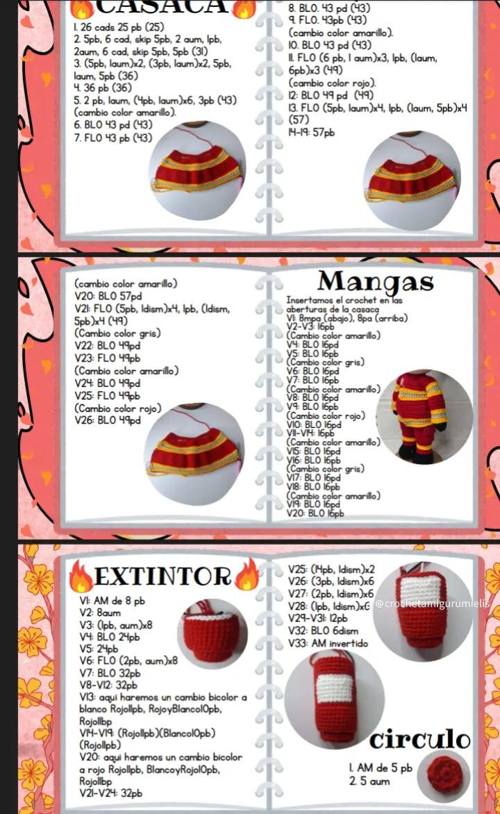 Patrón de amigurumi de bombero de 18 cm con instrucciones detalladas.
