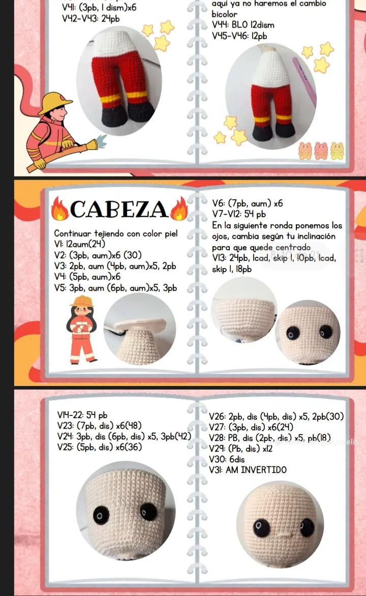 Patrón de amigurumi de bombero de 18 cm con instrucciones detalladas.