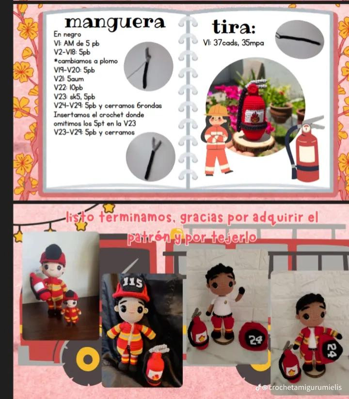 Patrón de amigurumi de bombero de 18 cm con instrucciones detalladas.