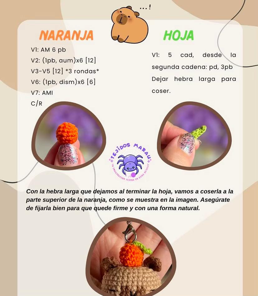 Patrón de amigurumi de capibara con llavero de calabaza, patrón gratuito.