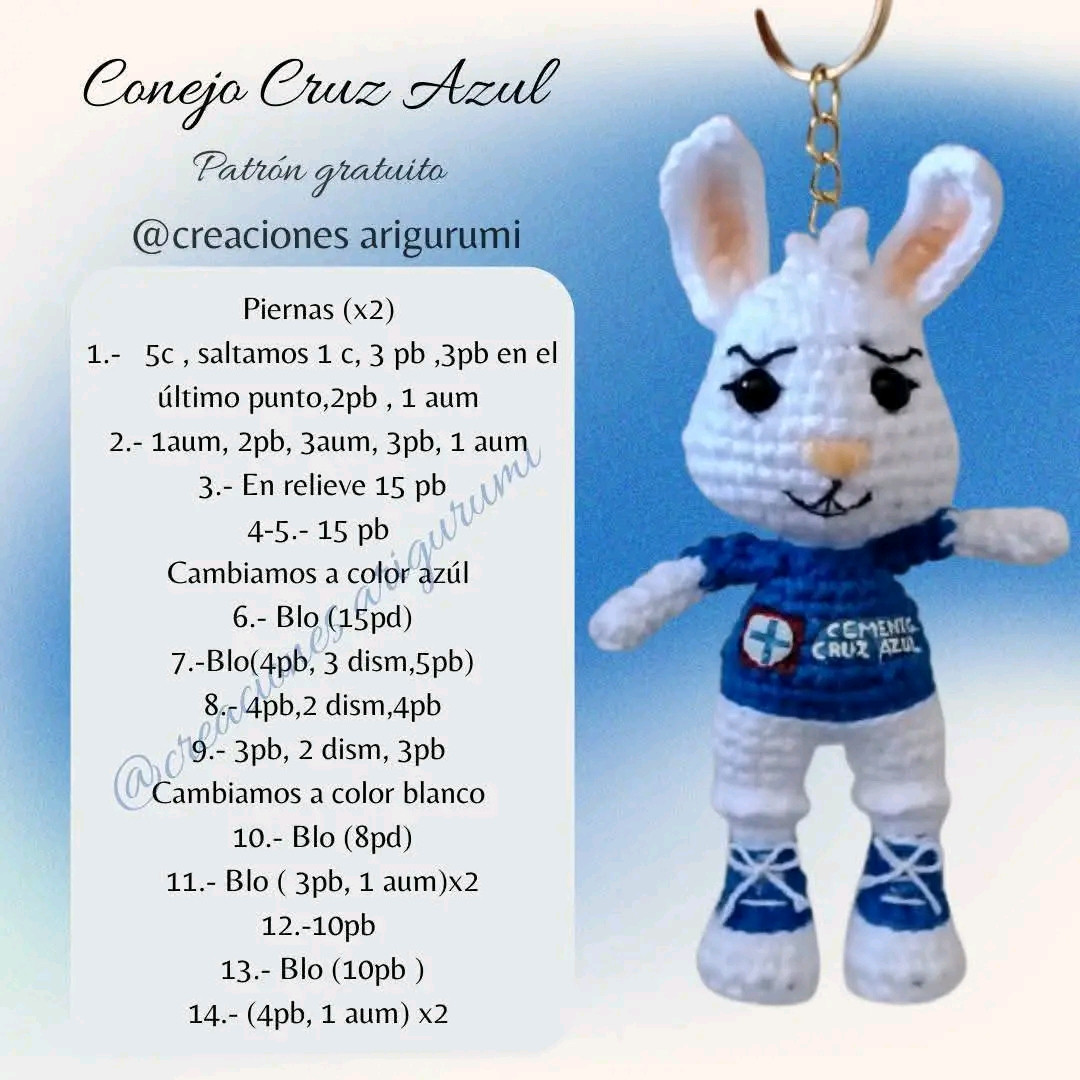 Patrón de amigurumi de conejo azul para llavero