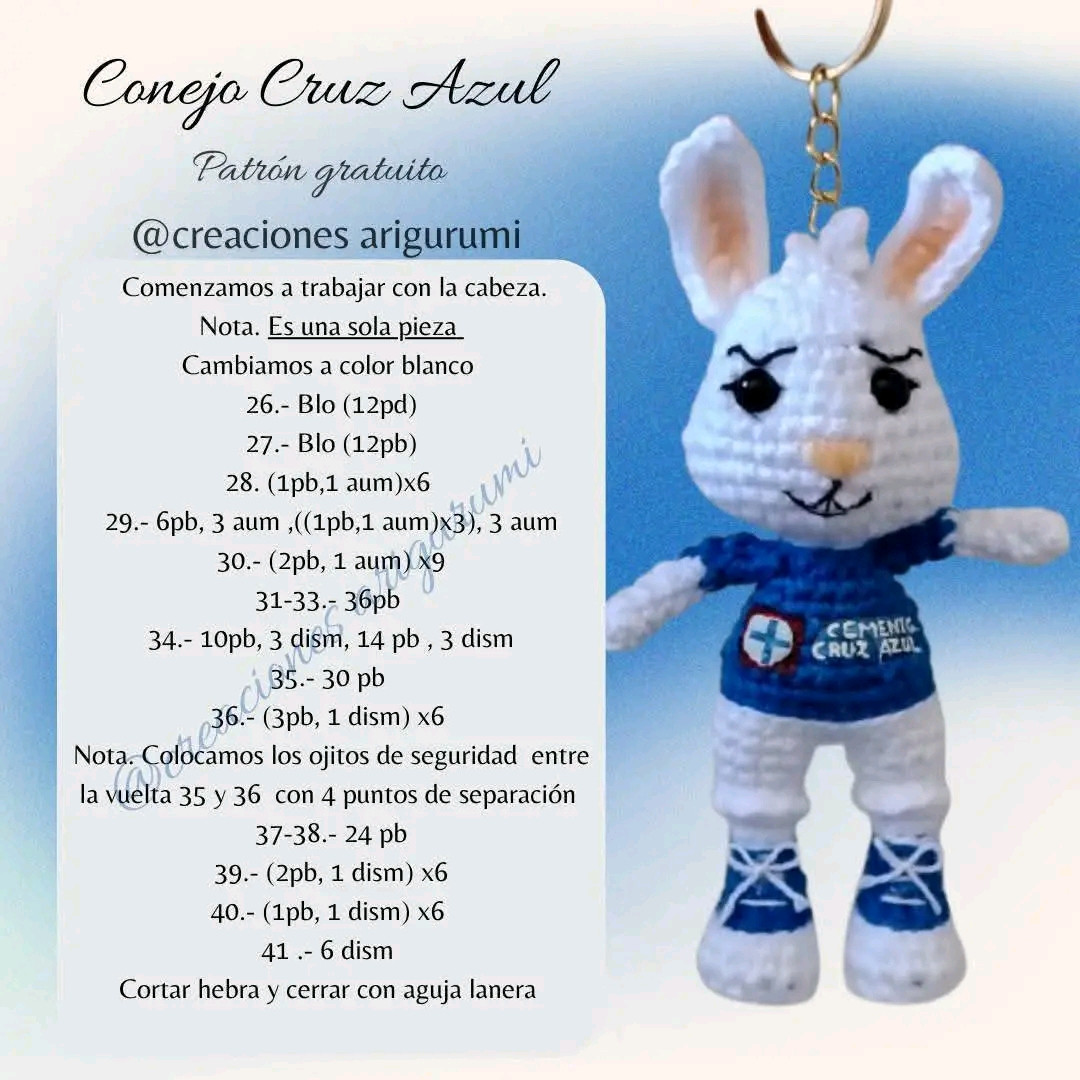 Patrón de amigurumi de conejo azul para llavero