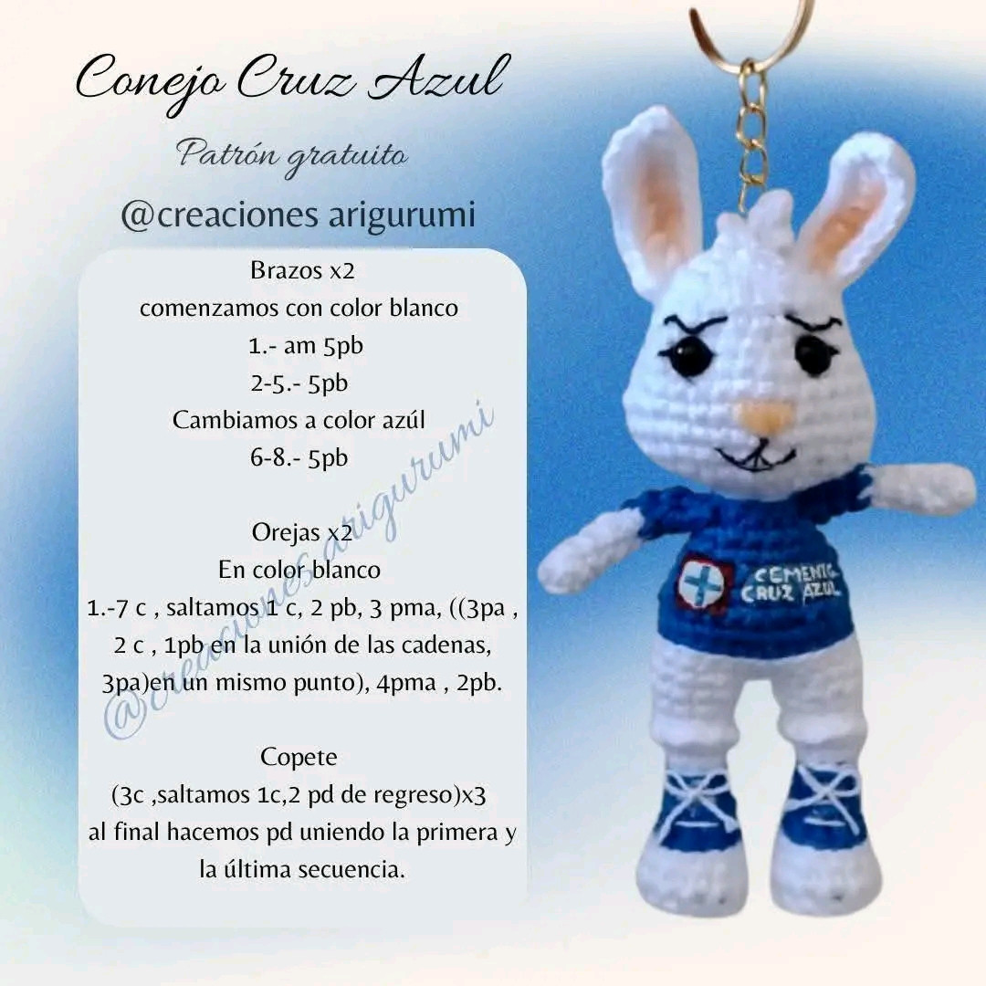 Patrón de amigurumi de conejo azul para llavero