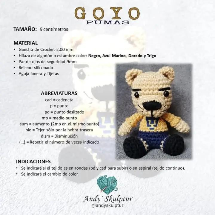 Patrón de Amigurumi de Goyo, el Puma de la Universidad