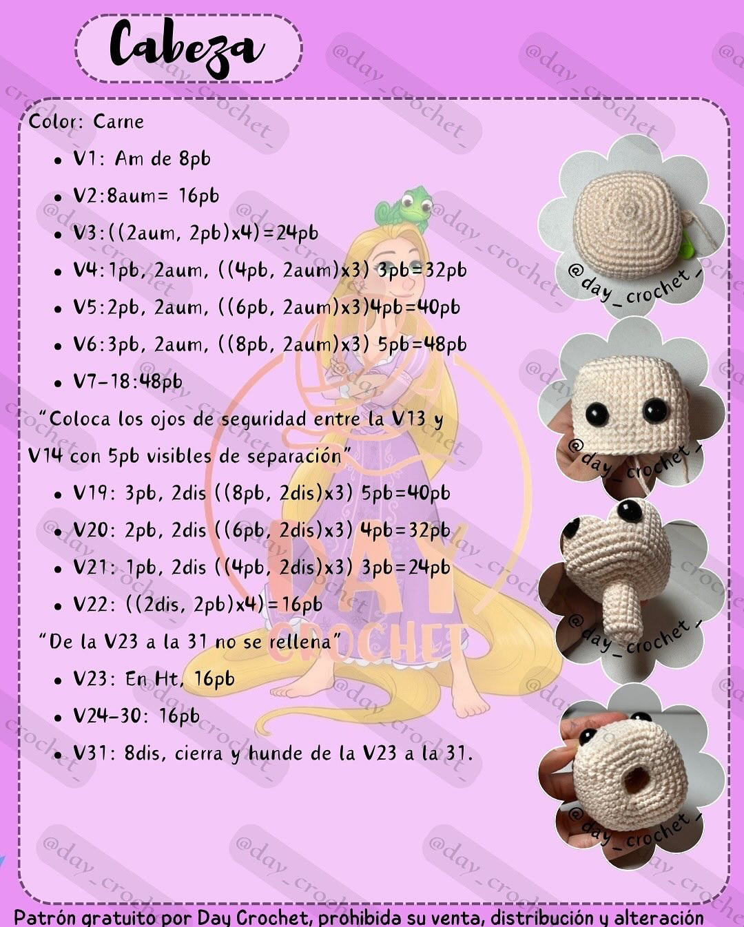 Patrón de amigurumi de princesa con instrucciones detalladas y gratuitas.