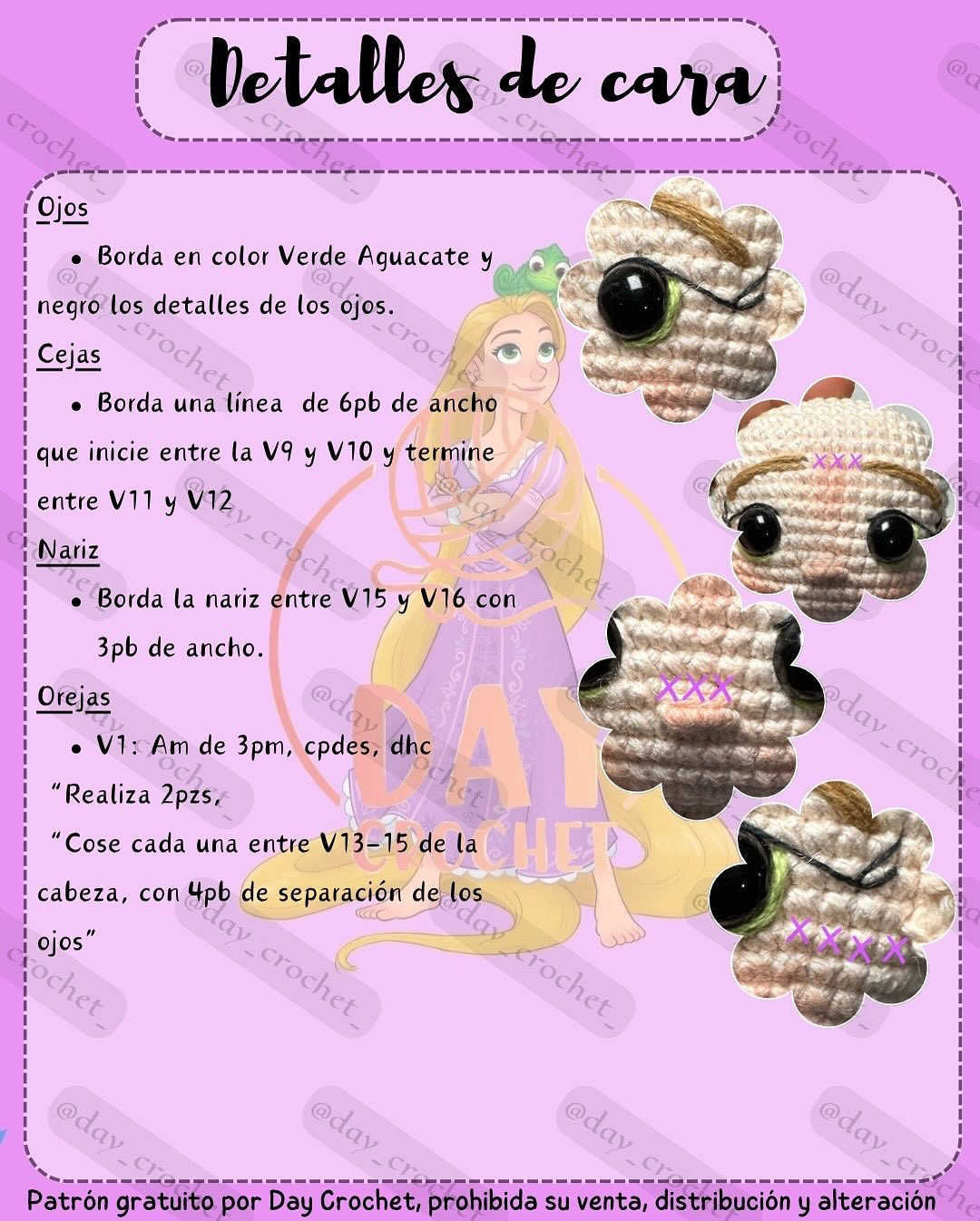 Patrón de amigurumi de princesa con instrucciones detalladas y gratuitas.