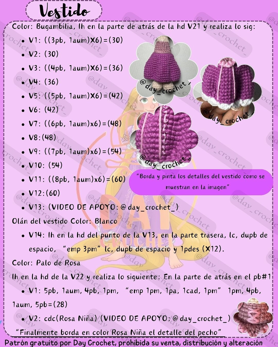 Patrón de amigurumi de princesa con instrucciones detalladas y gratuitas.