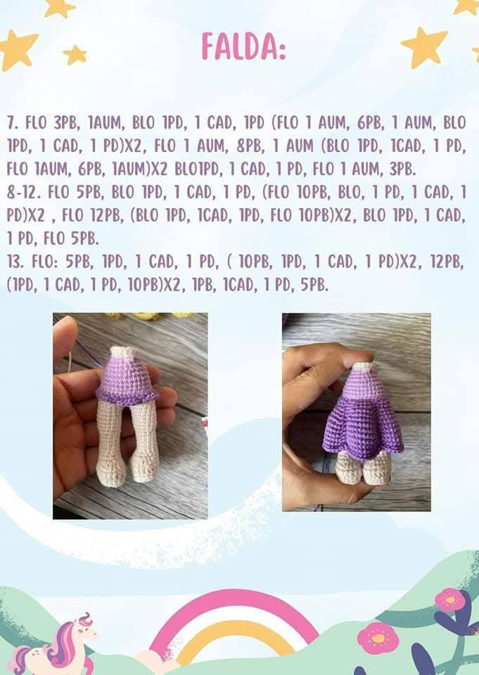 Patrón de amigurumi de Rapunzel con vestido y trenza larga.