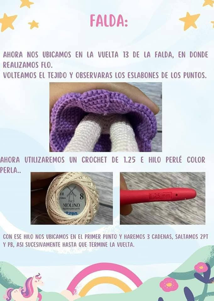 Patrón de amigurumi de Rapunzel con vestido y trenza larga.