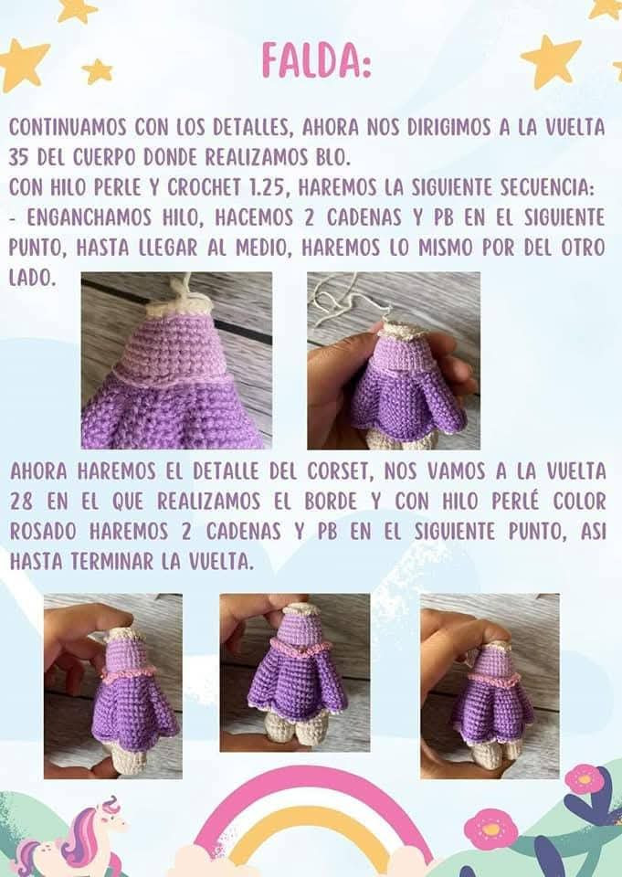 Patrón de amigurumi de Rapunzel con vestido y trenza larga.