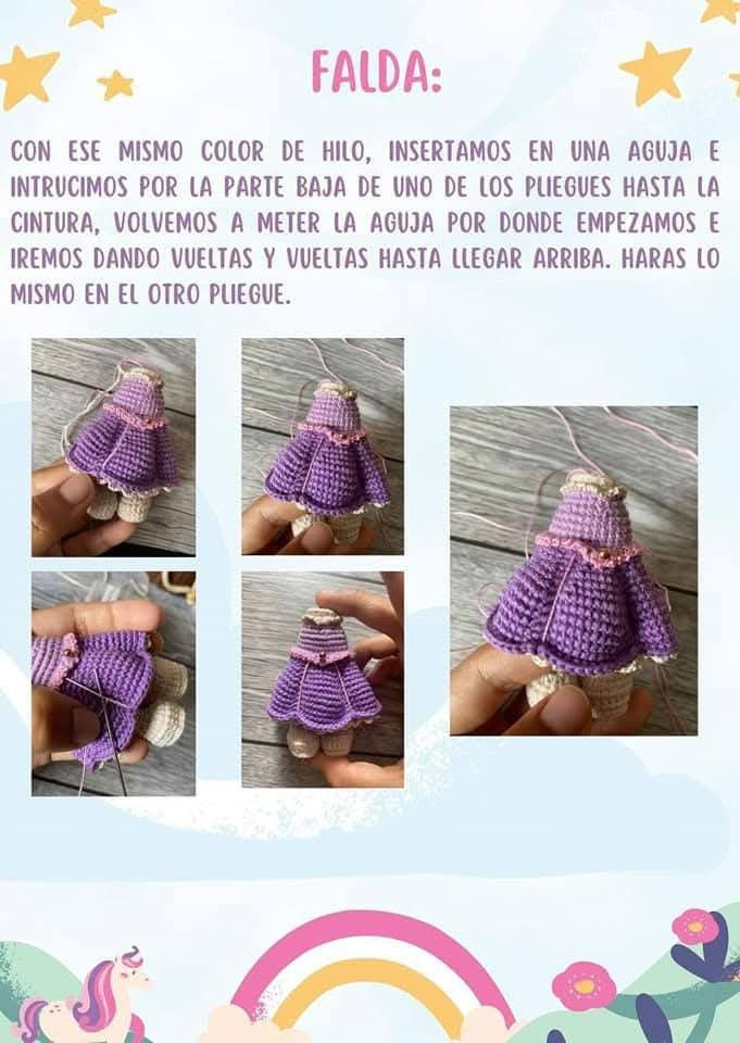 Patrón de amigurumi de Rapunzel con vestido y trenza larga.