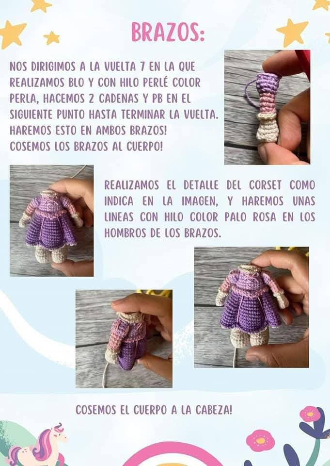 Patrón de amigurumi de Rapunzel con vestido y trenza larga.