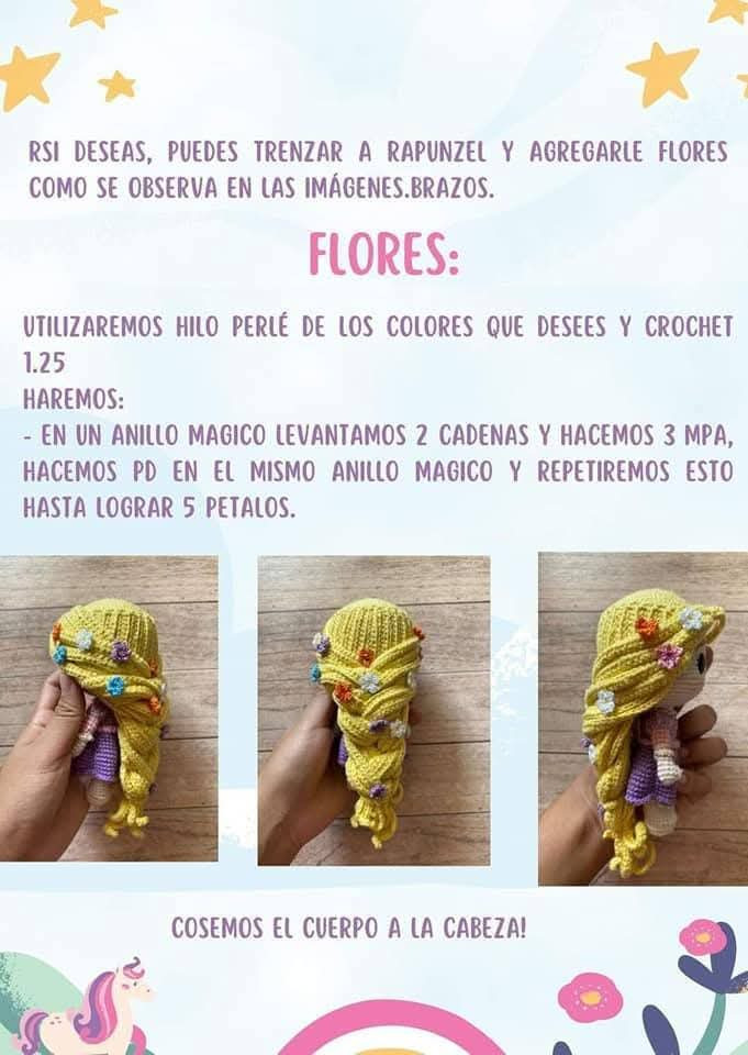 Patrón de amigurumi de Rapunzel con vestido y trenza larga.