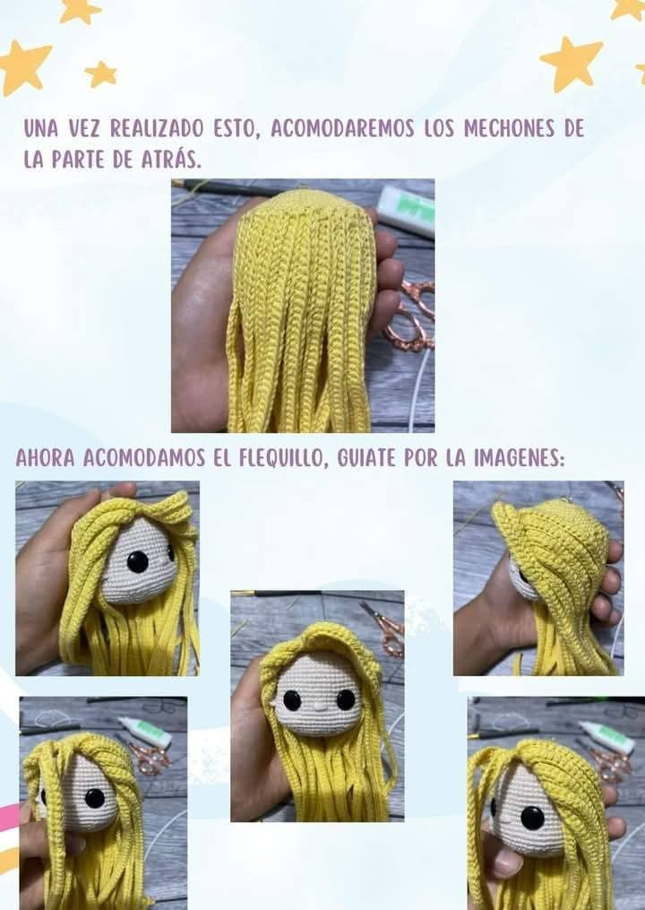 Patrón de amigurumi de Rapunzel con vestido y trenza larga.