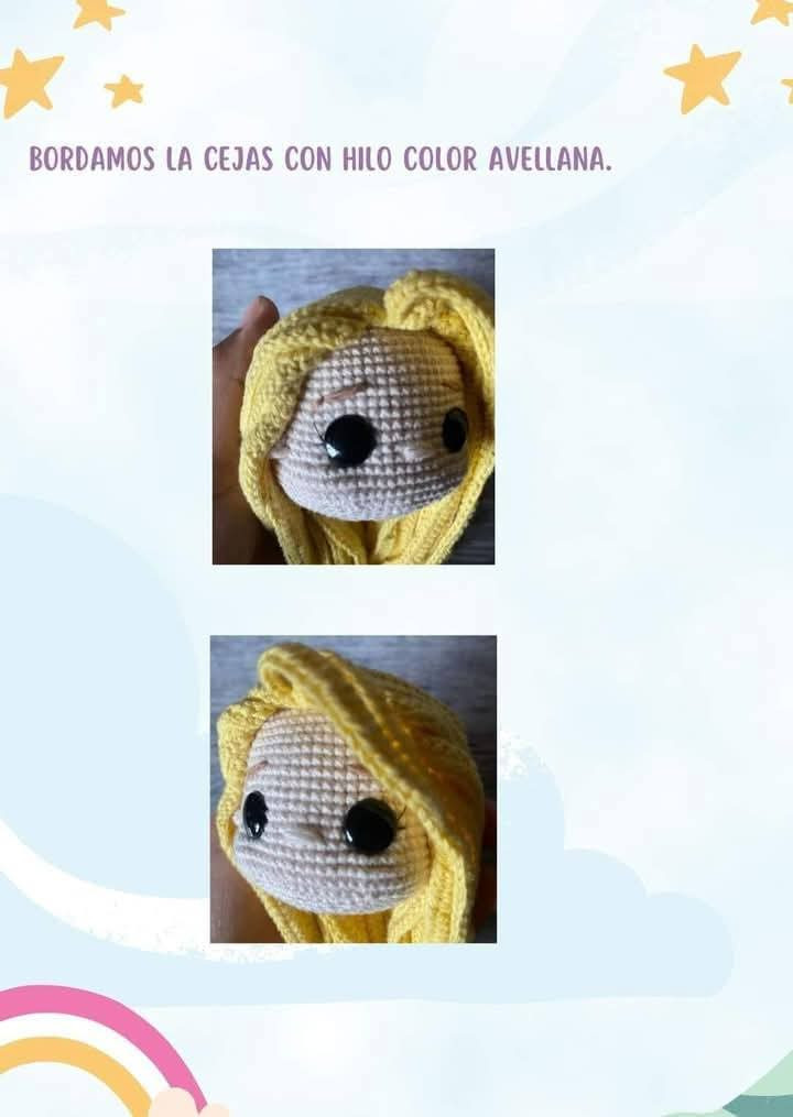 Patrón de amigurumi de Rapunzel con vestido y trenza larga.