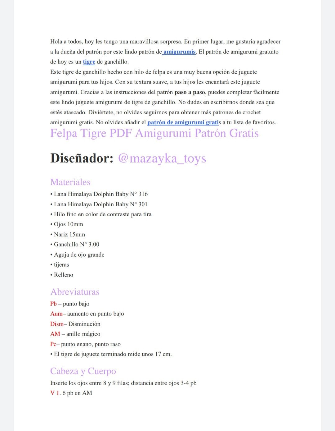 Patrón de Amigurumi de Tigre de Felpa: Descarga Gratuita en PDF