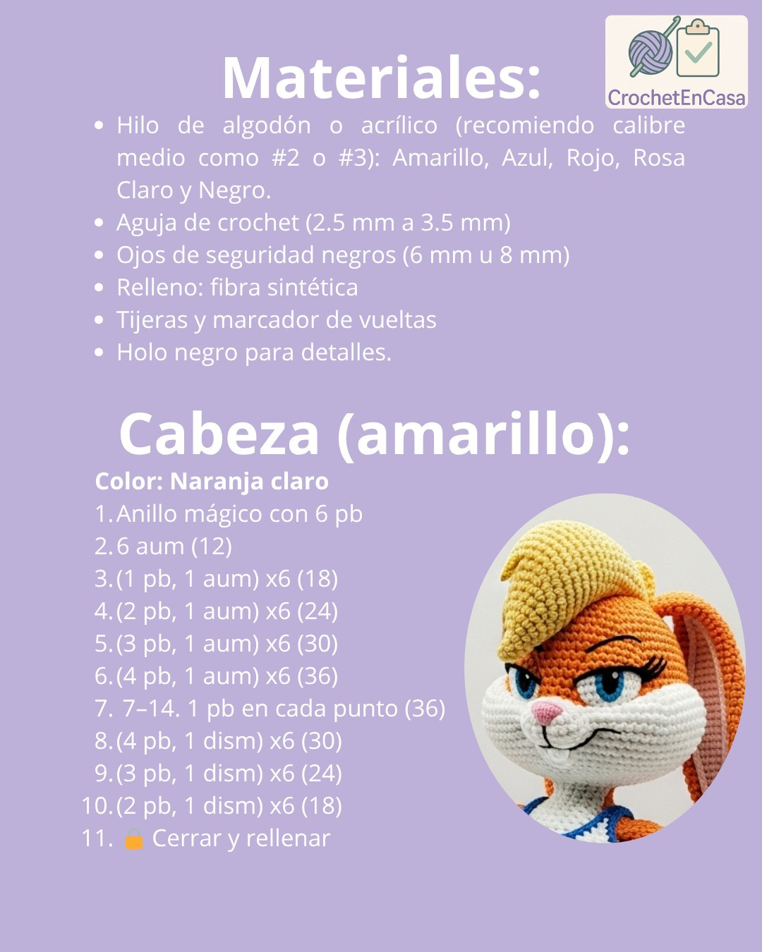 Patrón de amigurumi detallado para crear a Lola Bunny en crochet.