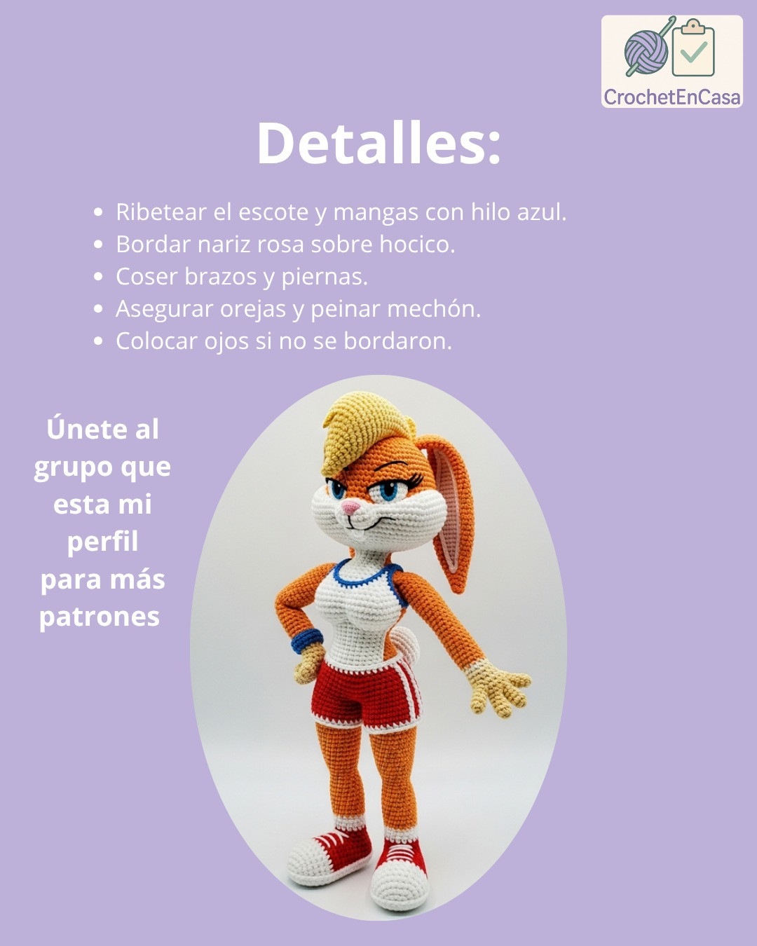 Patrón de amigurumi detallado para crear a Lola Bunny en crochet.