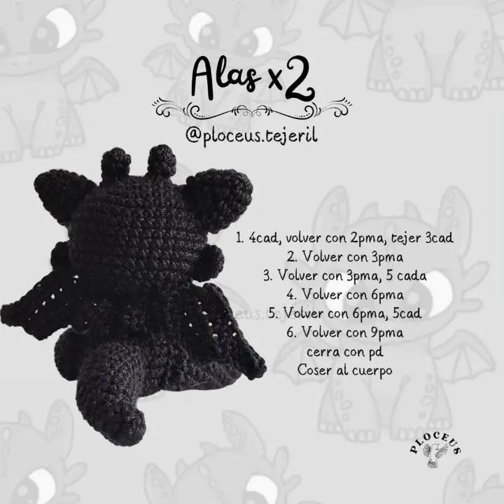 Patrón de Amigurumi: Dragón Negro Adorable para Tejedores