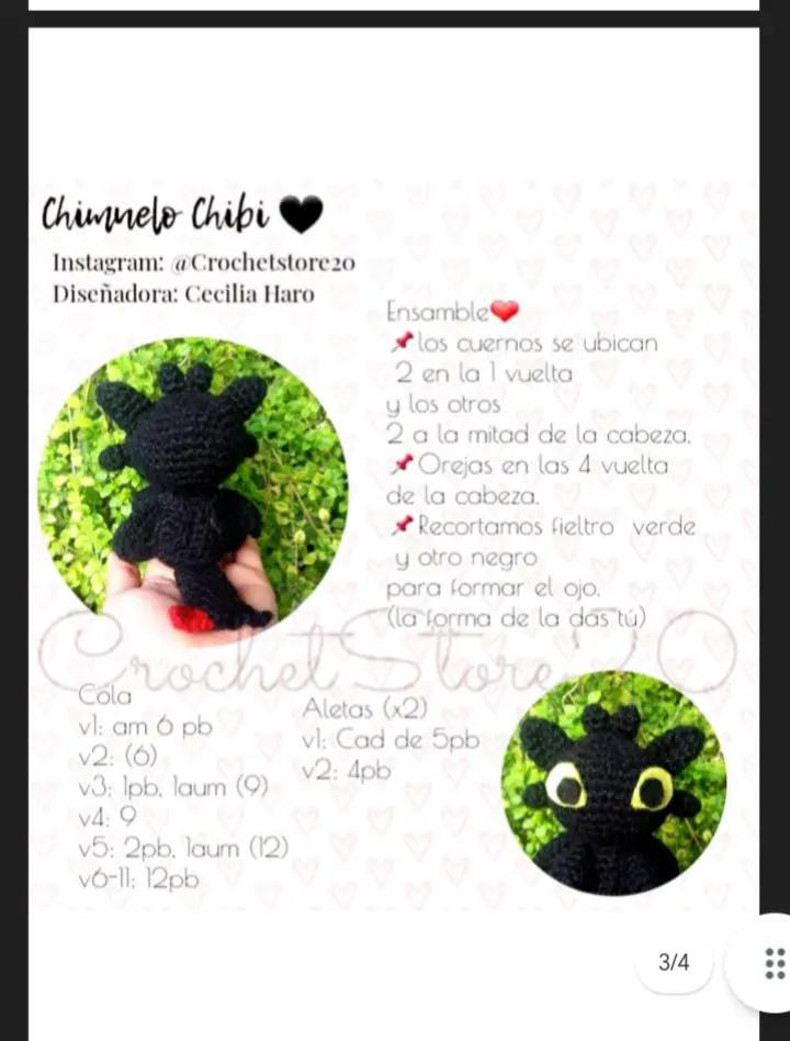 "Patrón de Amigurumi: Dragón Negro con Corazón de Amor"