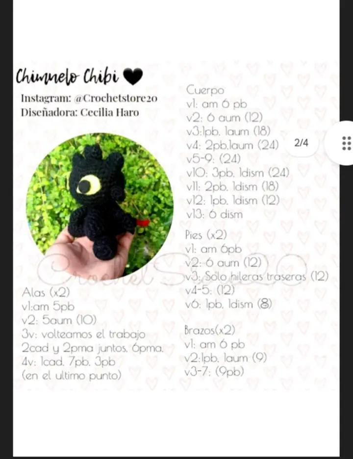 "Patrón de Amigurumi: Dragón Negro con Corazón de Amor"