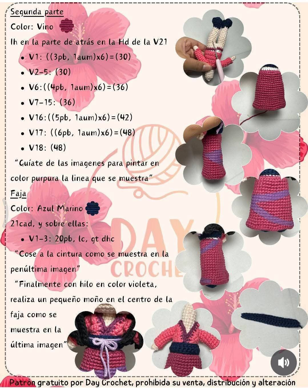 Patrón de amigurumi gratis: muñeca con vestido tradicional y flores