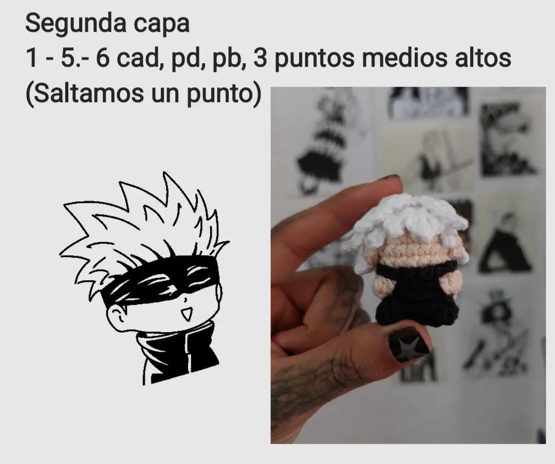Patrón de amigurumi inspirado en personaje con cabello blanco y gafas negras