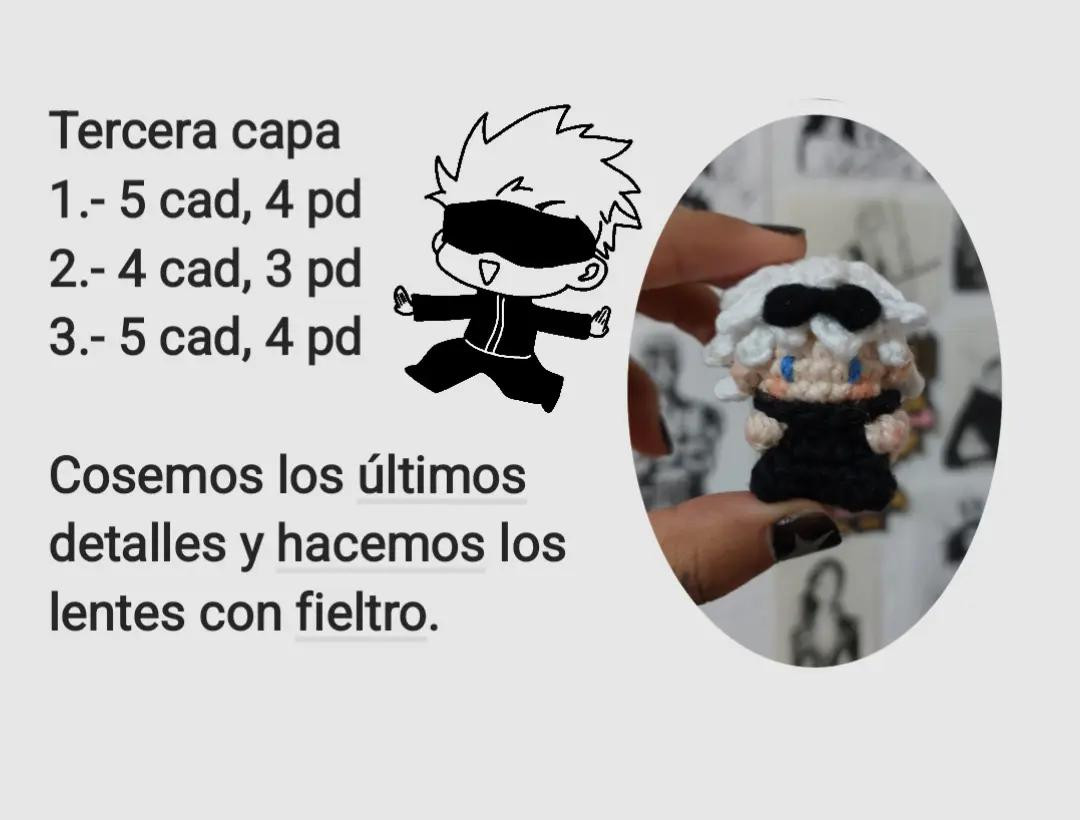Patrón de amigurumi inspirado en personaje con cabello blanco y gafas negras