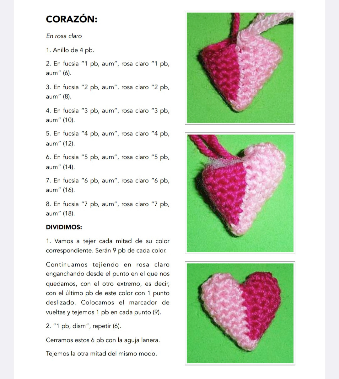 Patrón de amigurumi para corazón bicolor en forma de llavero