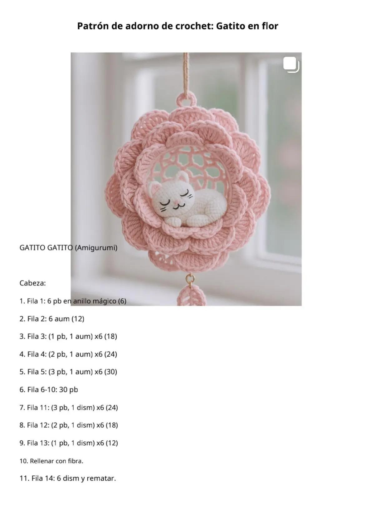 "Patrón de crochet: Atrapasueños con gato amigurumi en el centro"