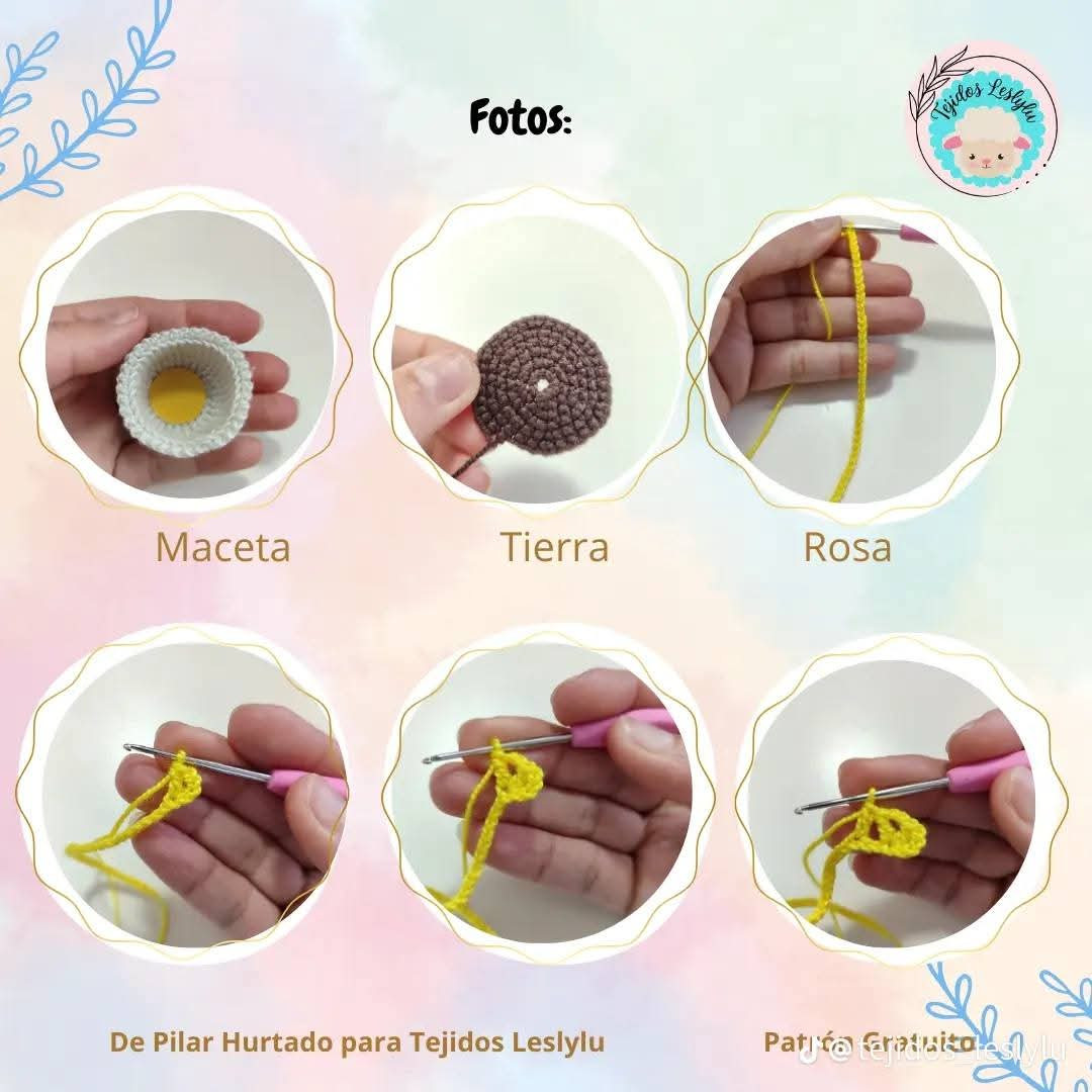 Patrón de crochet gratuito para crear mini macetas de rosas coloridas