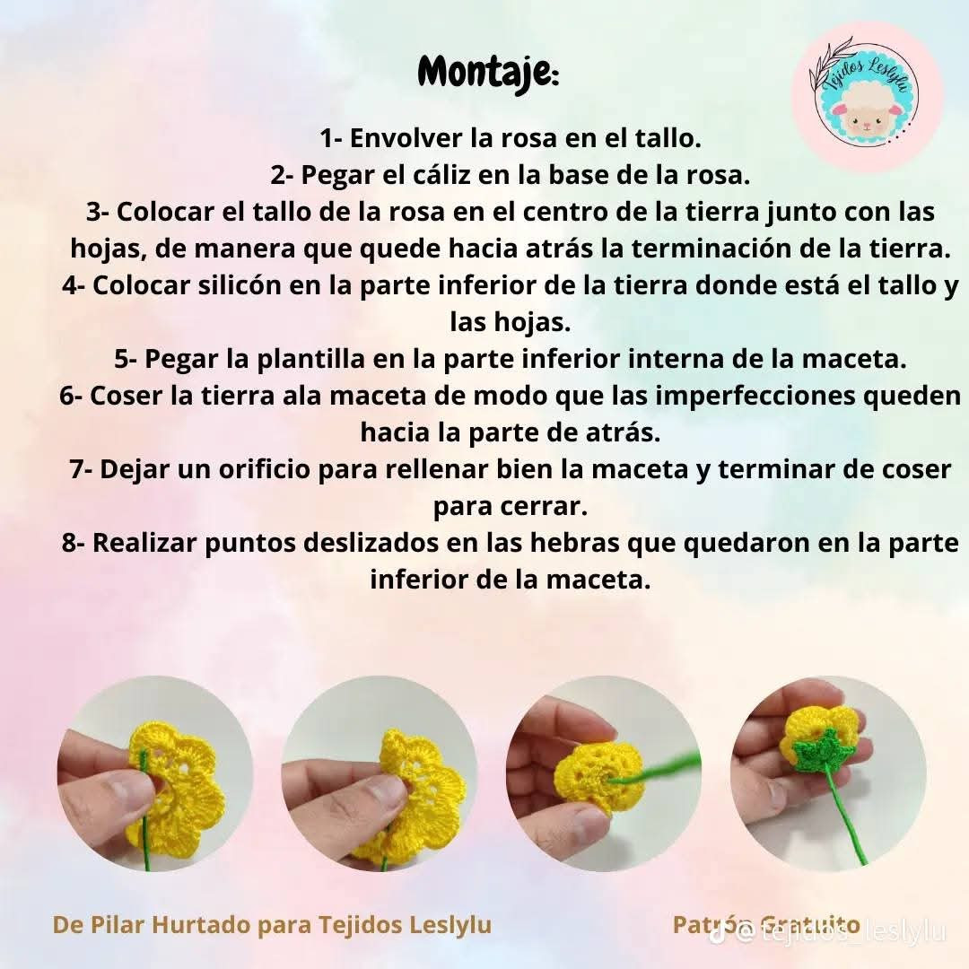 Patrón de crochet gratuito para crear mini macetas de rosas coloridas