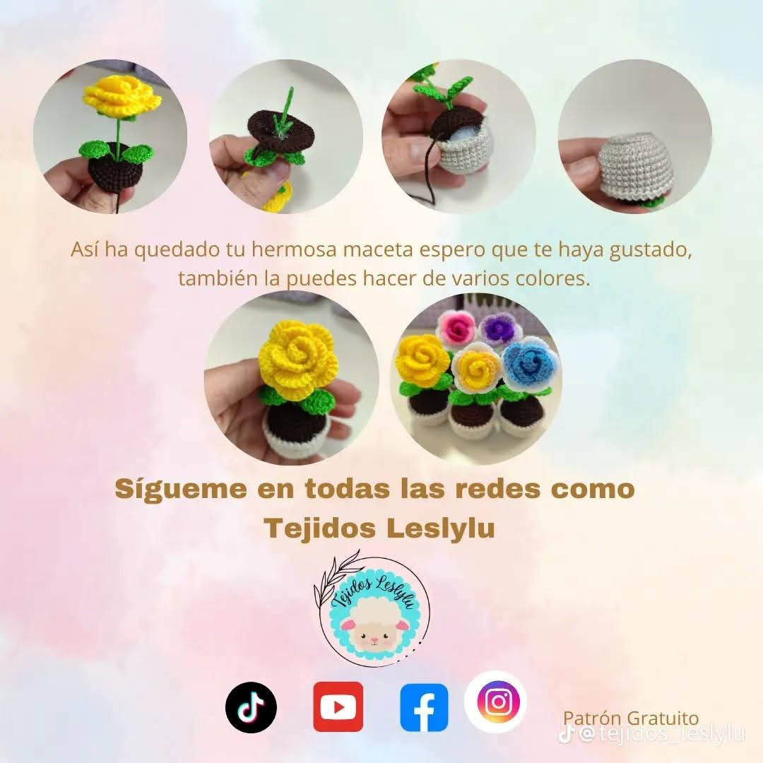 Patrón de crochet gratuito para crear mini macetas de rosas coloridas