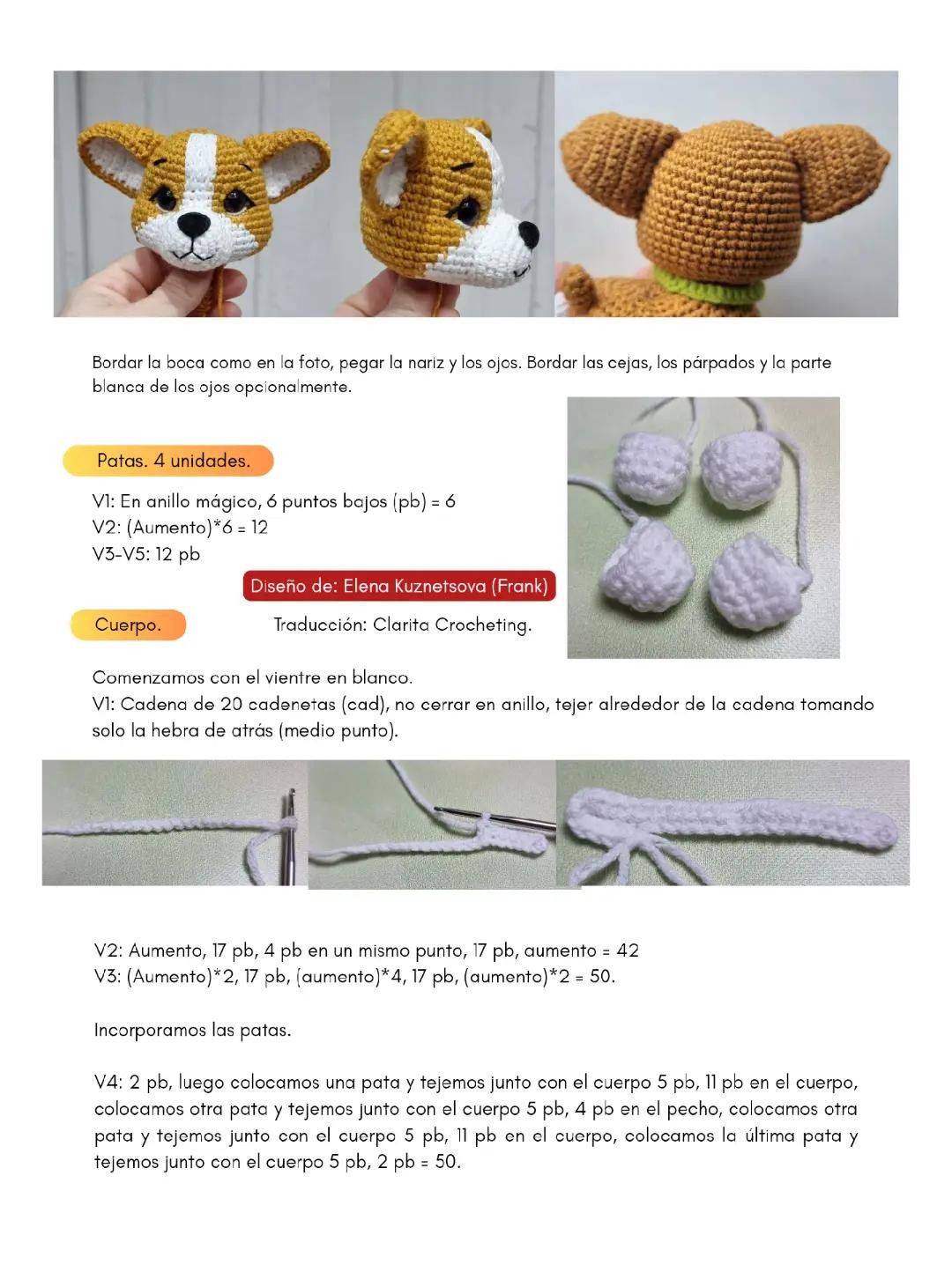 Patrón de crochet para adorables corgis bebé de 10 cm