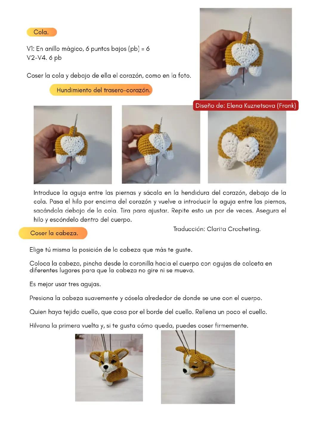Patrón de crochet para adorables corgis bebé de 10 cm