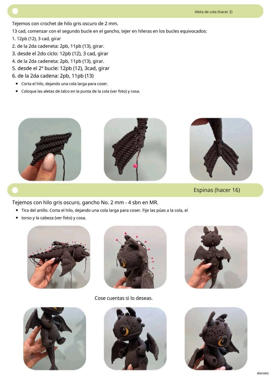 Patrón de crochet para crear un adorable dragón negro con alas