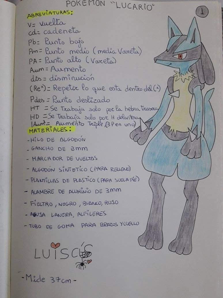 Patrón de crochet para crear un muñeco de Lucario detallado.
